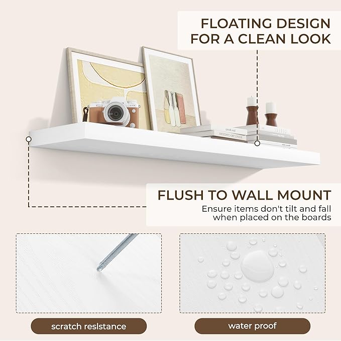 RICHFOCUS 48Inch Floating Shelves for Wall 2 Pack Shelves for Bedroom|Kitchen|Bathroom Wall Mounted Rustic Wood Floating Shelf with Invisible Brackets for Books|Storage|Decor, White