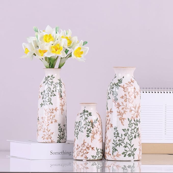 Ceramic Vase Set of 3, Vintage Green and Beige Vases Set, Flower Rustic Chinoiserie Vases Floral Grand Millennial Farmhouse Decor Vase (Green and Beige-Set of 3)