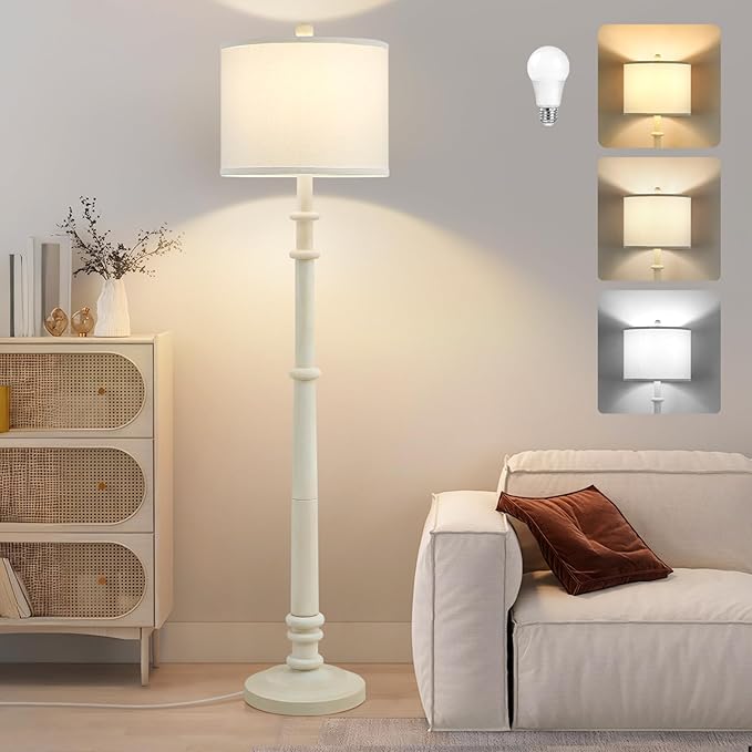 Floor Lamps for Living Room - 60" Resin Farmhouse Floor Lamp with Adjustable Color Temperatures - Vintage Standing Lamp Reading Light with Linen Shade Retro Tall Lamp for Bedroom Office, Almond White