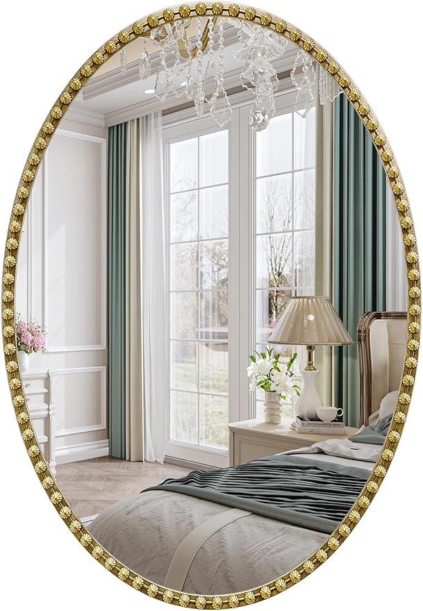 Gold Oval Bathroom Mirror, 22x30 Inch Floral Oval Mirrors for Wall, Antique Gold Metal Floral Frame Mirrors for Bedroom Living Room Hallway, Hangs Horizontally or Vertically