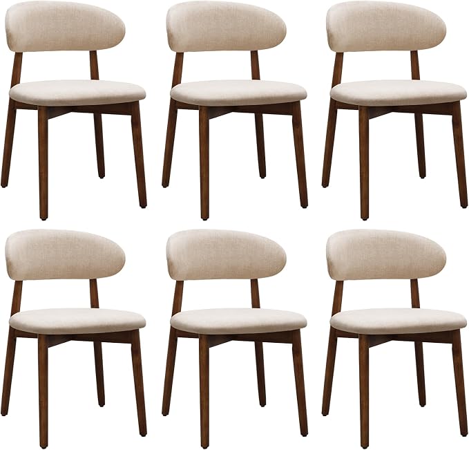 Farmhouse Dining Chairs Set of 6, Mid Century Modern Fabric Upholstered Kitchen Chairs, Wooden Dining Room Chair with Curved Back for Kitchen Dining Room Restaurant Cafe, Light Camel (Only Chairs)