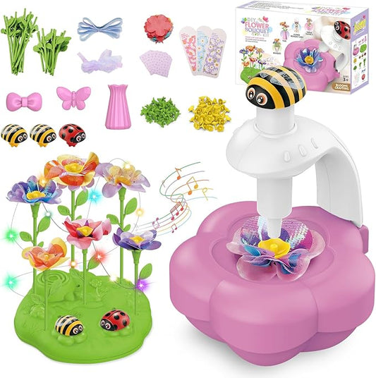 Fabric Flower Bouquets Toys with Light & Music, Deluxe DIY Arts and Crafts Kits for Kids 4-10 Year Old with Ribbons, Fridge Magnets, Greeting Cards, Birthday Gifts for Age 4 5 6 7 8 9 10 Girls (Pink)