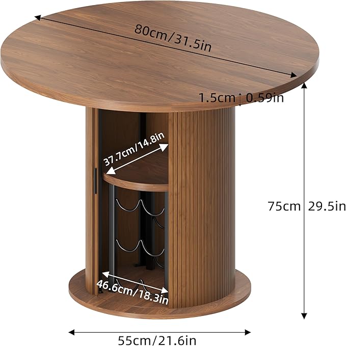 Wildhome Round Dining Table for 2-4, 31 Inch Dining Room Kitchen Table with 2-Tier Storage Shelf & Wine Rack, Modern Farmhouse Fluted Wood Slide Door Dinner Furniture,Circle(Non scalable-32 In-Walnut)