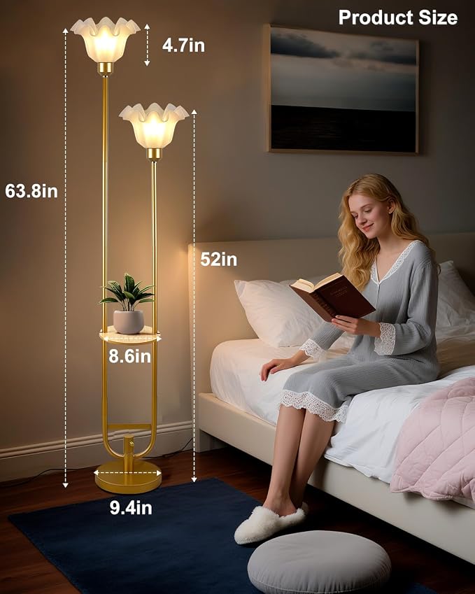 Flower Floor Lamps with Table, 2-Lights Dimmable Floral Floor Lamp, 3000K Warmwhite Modern Floor Lamp, Vintage Gold Standing Lamp with 5Lbs Heavy Base for Living Room Bedroom Girls Room