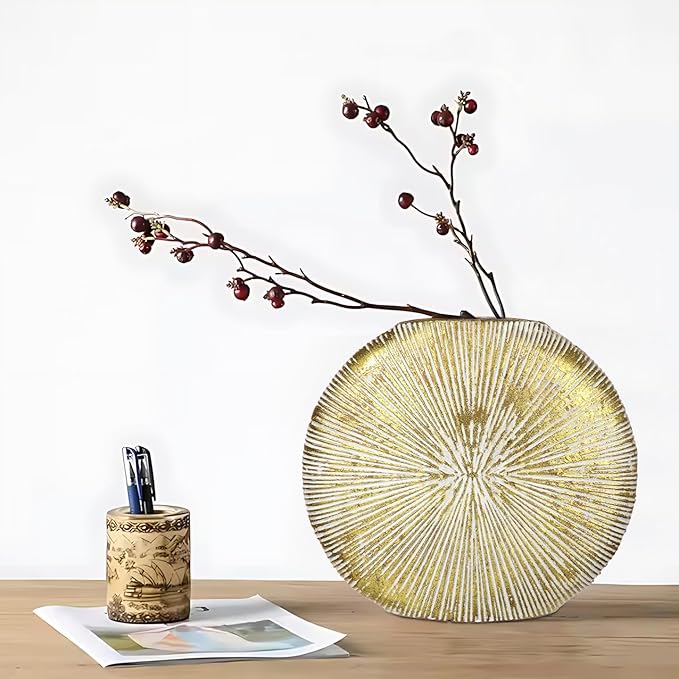 Gold Metal Vase for Home Decor – 11.4" x 10.2" Modern Decorative Vase for Pampas Grass, Artificial Flowers & Dried Bouquets – Elegant Textured Flower Vase for Living Room, Bedroom & Office