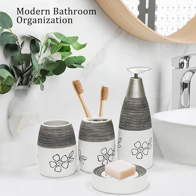 CERBIOR Bathroom Accessories Set,4 Pcs Ceramic Bathroom Decor Accessory,Includes Toothbrush Holder, Toothbrush Cup, Soap Dish for Decorative Countertop and Housewarming Gift, (White Flower)