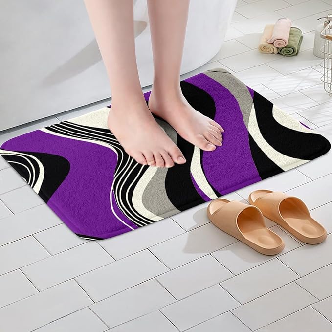 Feelyou Purple and Gray Black White Bath Rugs Modern Abstract Geometric Bathroom Rugs Kids Boys Girls Teens Stripe Line Pattern Decor Bath Mats for Bathroom 16"x24" Bathroom Accessories