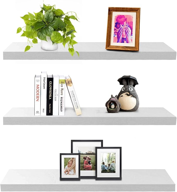 SAUMONIERES Floating Wall Shelves for Bedroom Bathroom Wall Mounted Solid Wood Shelf 24 Inch Set of 3, White