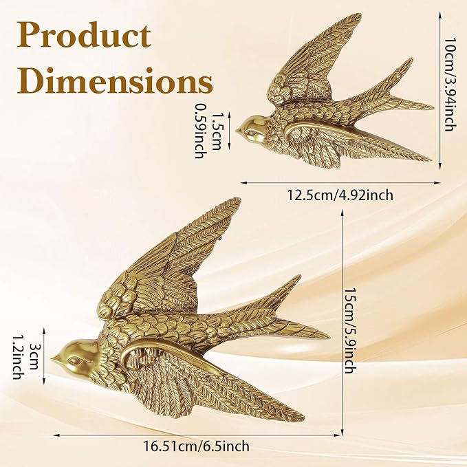 MAQUITA 4 Pcs Vintage Bird Wall Sculpture Decor Art, Antique Gold 3D Swallow Resin Wall Decor, Small Bird Walls Decors for Living Room, Bedroom, Gallery, and Garden (2 Large & 2 Small)