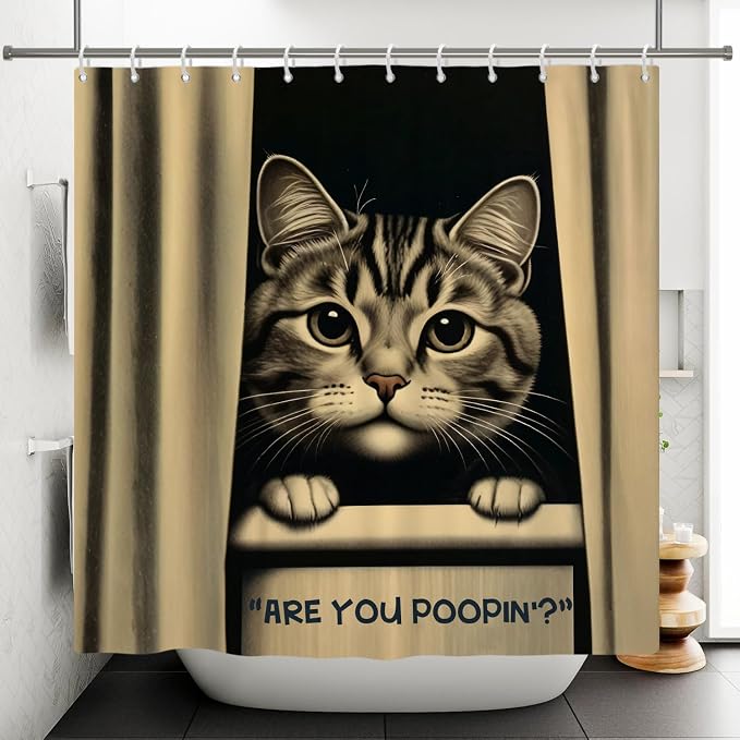 Cat Shower Curtains Cute are You Poopin' Funny Humorous Animal Whimsical Bathroom Curtain Curious Joke Cat Shower Curtain Sets for Bathroom Extra Long 69x70 in with 12 Hooks