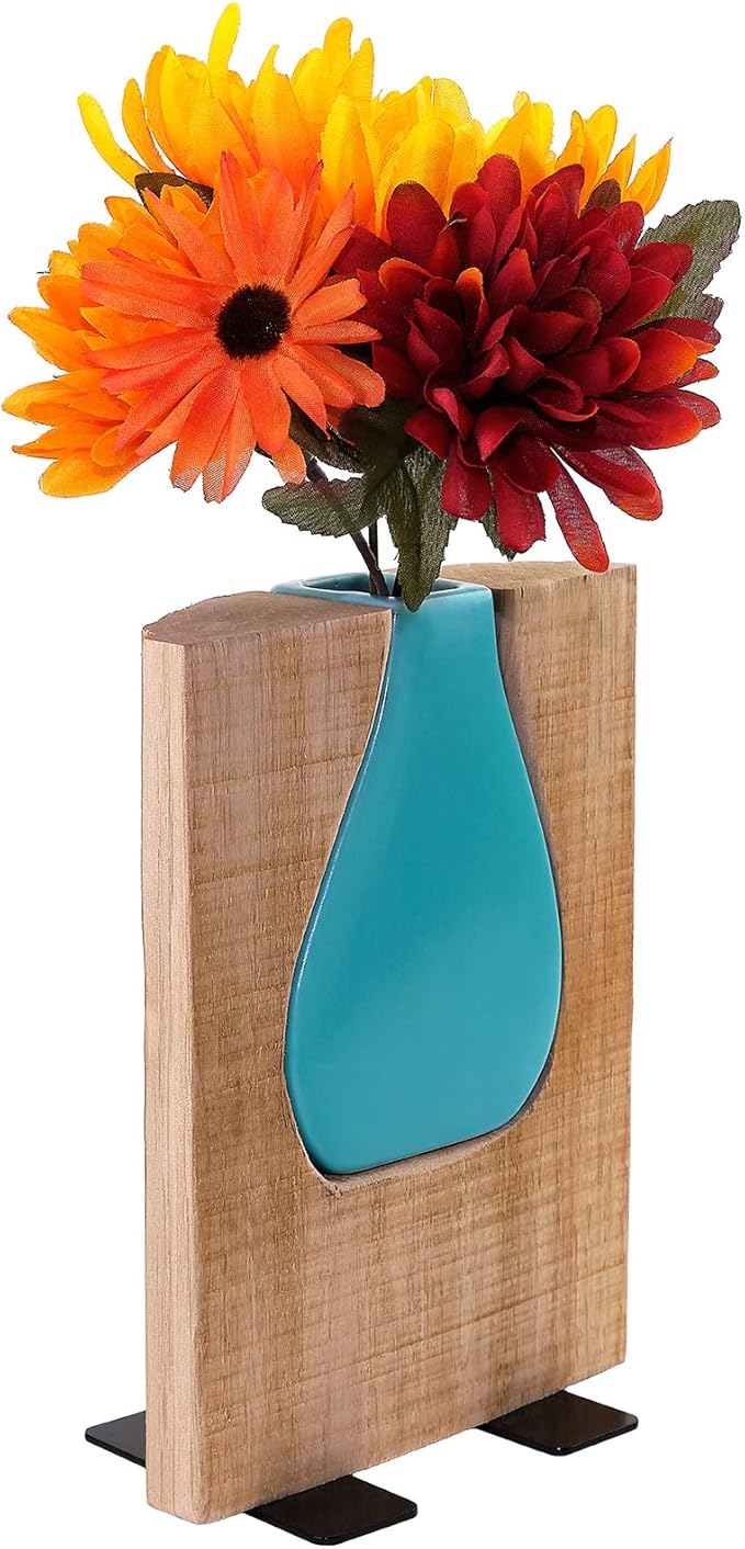Excello Global Products Matte Teal Glass and Wood Vase - Rustic Flower Vase Decorative Centerpieces for Dining Room Table Coffee Tables Vintage Farmhouse Decor (Short - 8" x 6")