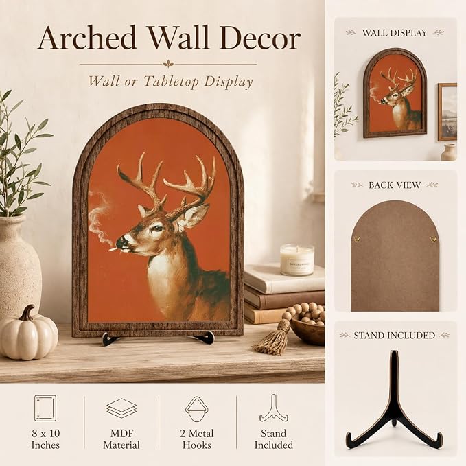Vintage Deer Art Decor - Arched Wooden Frame with Stand, Retro Whimsical Animal Wall & Tabletop Decor for Living Room, Bedroom, Office, Funny Novelty Home Accent, Unique Housewarming Gift