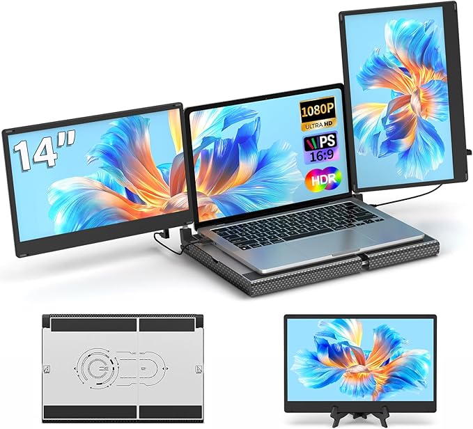 POTTMACEE 14.2" Laptop Screen Extender, 0.17" Ultra-Thin FHD 1080P IPS Portable Monitor for Laptop, Dual Screen Travel Monitor Extender, Plug-Play for Windows/Mac/Chrome, Fit 13”-17.3” Laptops