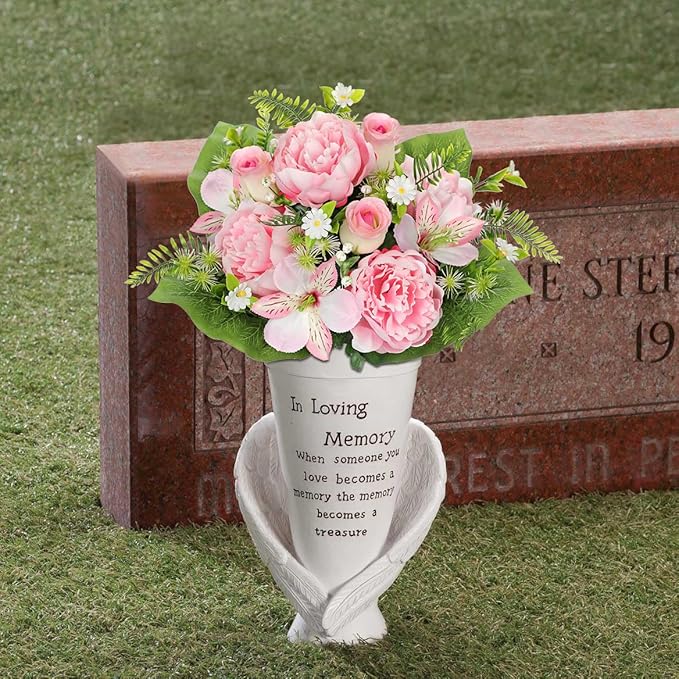 Hollyone Set of 2 Artificial Cemetery Flower for Graves Cemetery Memorial Flowers for Outdoor Grave Decorations Silk Flower Arrangements Pink Rose Peonies Lily Floral Flowers Bouquets