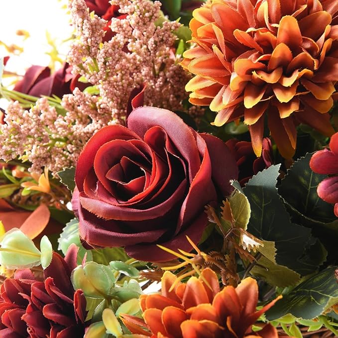 Homsunny Artificial Fake Fall Flowers Centerpieces for Table Decoration, 4 Pcs Faux Silk Flower Arrangements with Mums Chrysanthemum Rose Daisy Floral Bouquets for Home Wedding Party Autumn Decor