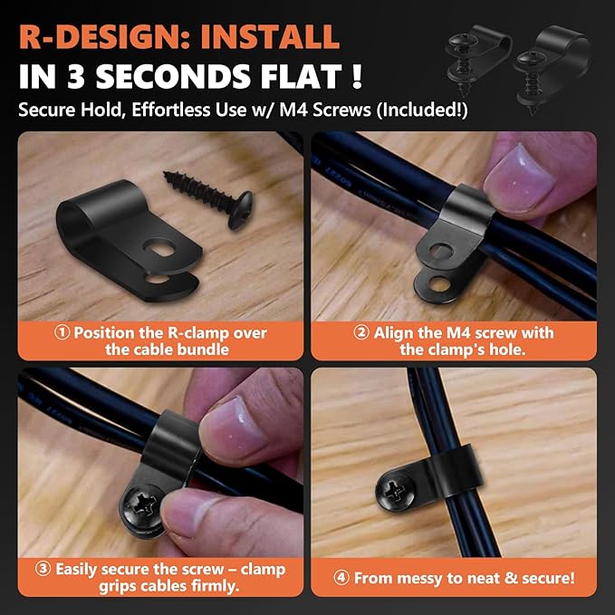320PCS Black R Cable Clips-6 Sizes 3/16''1/4'' 3/8''1/2''3/4''1''-Premium PA66 Nylon | High Temp Resistant | Durable Wire Management Clamps Assortment Kit with Screws for Organizing Wires Cords