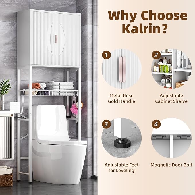 Kalrin Over The Toilet Storage Cabinet with Fluted Wave Doors and Adjustable Shelf, Wood Over Toilet Storage Rack with Drain Basket, Freestanding Bathroom Organizer for Balcony Laundry, Pure White