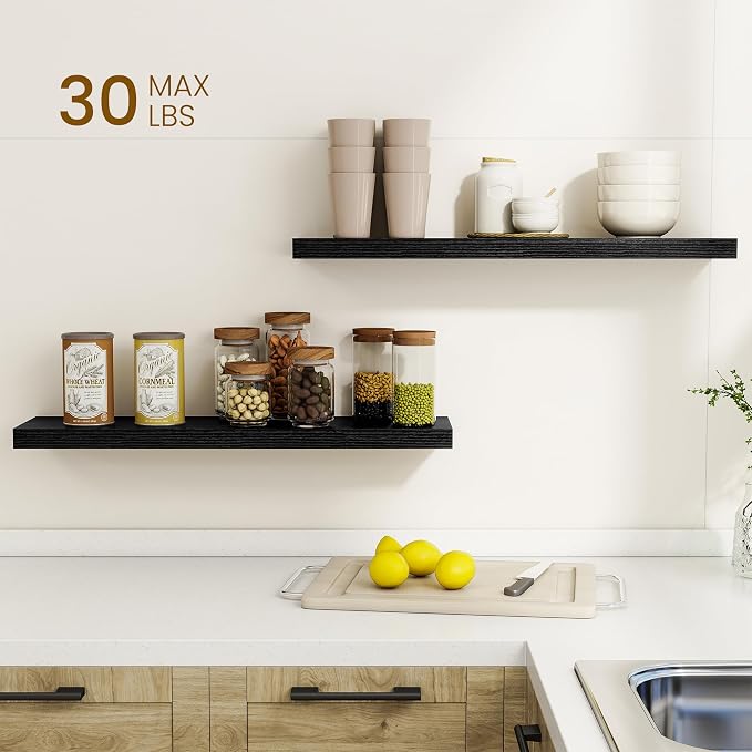 Dreamland 30Inch Floating Shelves for Wall, Rustic Wooden Black Floating Shelves for Bathroom|Bedroom|Kitchen, Deep Wall Mounted Book Shelf, Wood Storage Display Shelf for Home Decor, Set of 2
