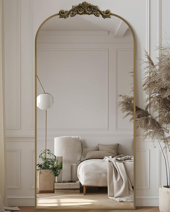 Antok Arched Full Length Mirror, 71"x28" Floor Mirror with Carved Frame, Standing/Wall Hanging Large Mirror for Bedroom, Living Room, Cloakroom, Bronze, Retro Style