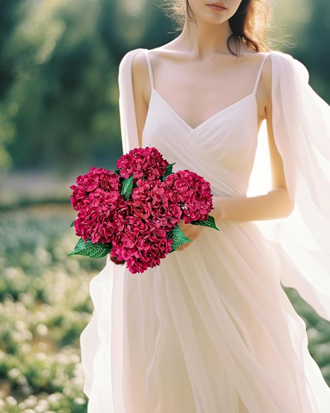 6PCS Premium Red Hydrangea Artificial Flowers Bouquets, Red Silk Hydrangea Flowers Heads with Stems, Fake Hydrangeas Flowers Arrangement, Faux Hydrangea Decor for Home Wedding Party Baby Shower