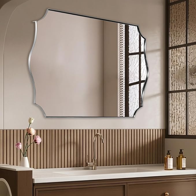 ANDY STAR 32x40 Inch Silver Mirror, Mirrors for Bathroom Sink, Large Brushed Nickel Mirror in Anti-Rust Stainless Steel Thin Frame, Elegant Curved Scallop Design, Wall-Mounted (Horizontal/Vertical)