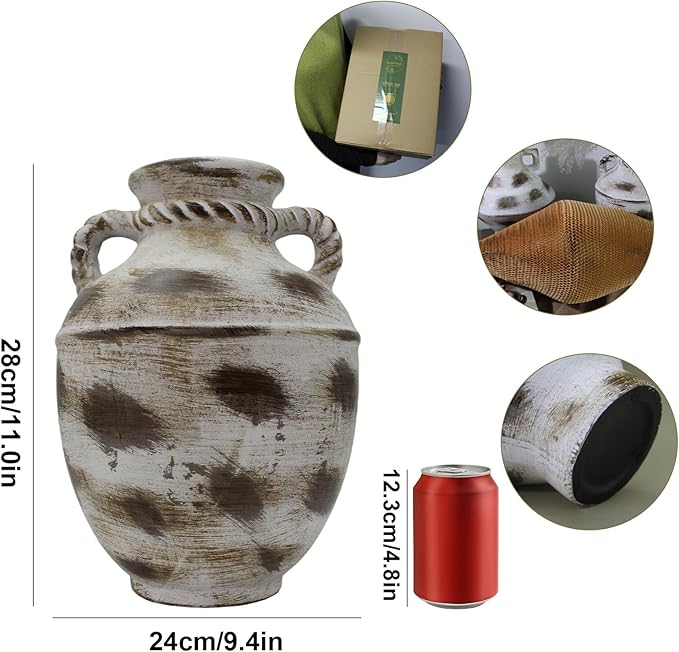 Rustic Ceramic Flower Vase Home Decor, 11 inch Large Pottery Decorative Vase for Centerpieces, Modern Farmhouse Vintage Vase for Dining Table, Living Room,Kitchen, Shelf (Round)
