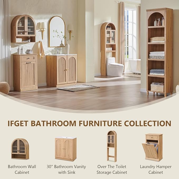 IFGET Arched Over The Toilet Storage Cabinet with Acrylic Doors, Modern Over Toilet Bathroom Organizer Shelf, Small Wooden Bathroom Storage Cabinet with Adjustable Shelf,Space Saver, Natural Oak