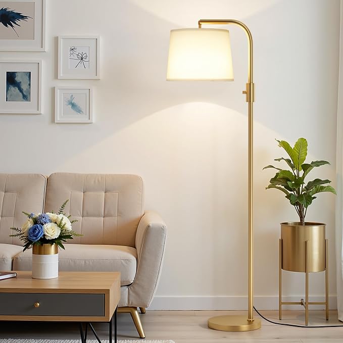 Ambimall 𝐅𝐮𝐥𝐥𝐲 𝐃𝐢𝐦𝐦𝐚𝐛𝐥𝐞 Floor Lamp - Floor Lamps with 9W 𝐋𝐄𝐃 Bulb, Standing Lamps for Living Room with Adjust Head, Modern Standing Tall Light Rotary Switch for Office(Gold and White)