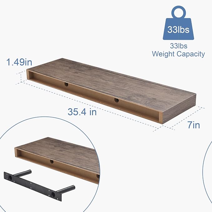 Floating Shelves for Wall, Bathroom Shelves Over Toilet, Wall Shelves & Book Shelf for Room, Hanging Shelf, Modern Wooden Mounted Floating Shelves, 36x7x1.5 in (Smoke Gray, Set of 2)