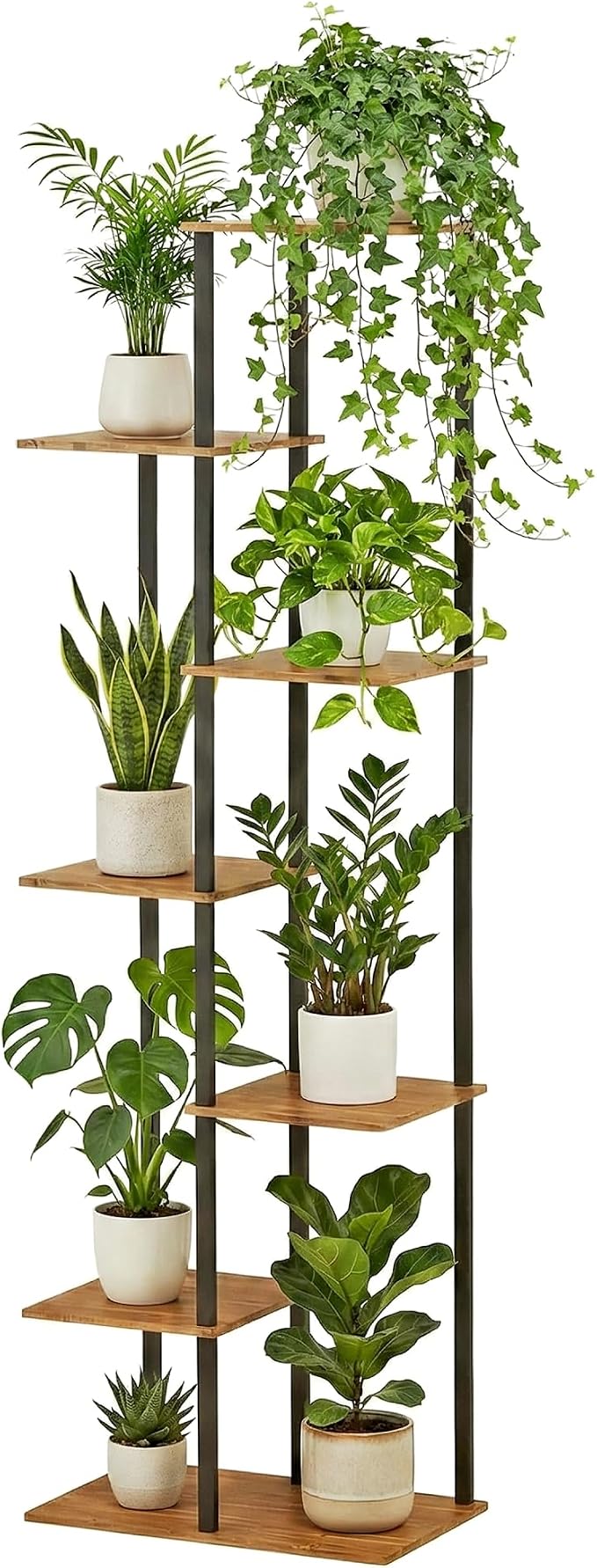 Plant Stand Indoor 7 Tier 8 Potted Metal Wood Plant Shelf, Multiple Flower Pots Corner Tall Plant Holder Stands for Living Room Balcony Bedroom, Rustic Brown