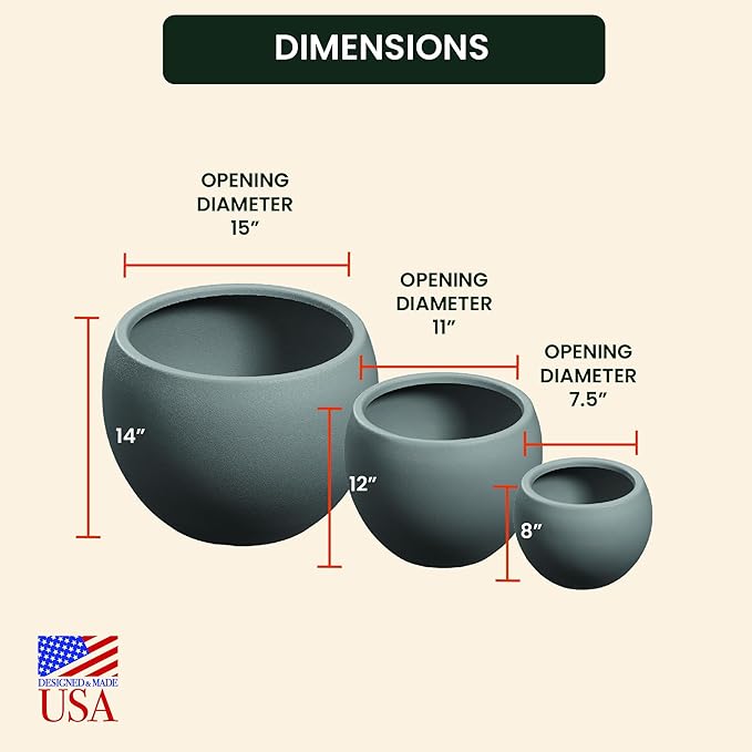 Beuta Large Planters for Outdoor Plants - Set of 3, 8/12/14 Inches Outdoor Planters for Porch - Tall Planter for Outdoor & Indoor Plants | Large Indoor Plant Pot - USA Made - Grey