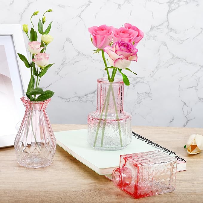 Glass Bud Vases Set of 12,Pink Bud Vases in Bulk,Small Flower Vase for Centerpiece,Mini Vintage Vase for Wedding Home Room Office Table Decor(Pink)