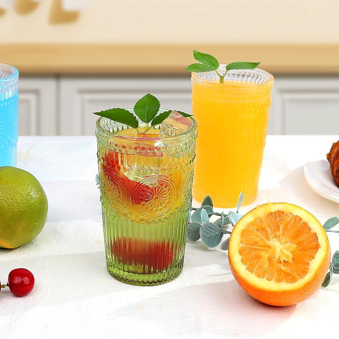 Loivttvv 6pcs Vintage Drinking Glasses Set, 12 oz Green Highball Glasses, Embossed Ribbed Glassware Cups for Cocktail, Water, Juice, Coffee, Whiskey