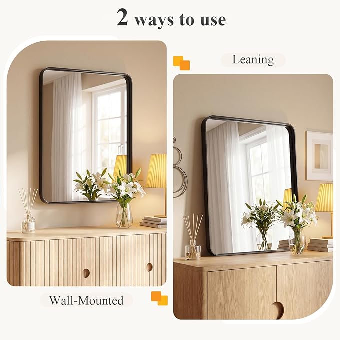 NEWBULIG 36X40 Inch Bathroom Mirror for Over Sink, Wall Vanity Mirrors Tempered Glass, Anti-Rust Metal Framed Rounded Rectangle, Hangs Horizontally or Vertically, Farmhouse Home Decor, Black