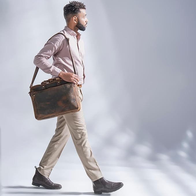 Handmade World Leather Briefcase For Men 'The Contemporary' Fits 17 Inch Laptop Computer Messenger Crossbody Shoulder Bag For Business Travel Office Work