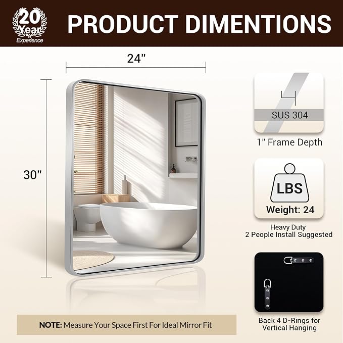 ANDY STAR 24x30'' Chrome Mirrors for Bathroom Sink, Rounded Rectangle Bathroom Vanity Mirror in 1'' Rustproof Seamless Tube Metal Frame, Wall-Mounted Horizontal/Vertical for Home Remodel, Over Sinks