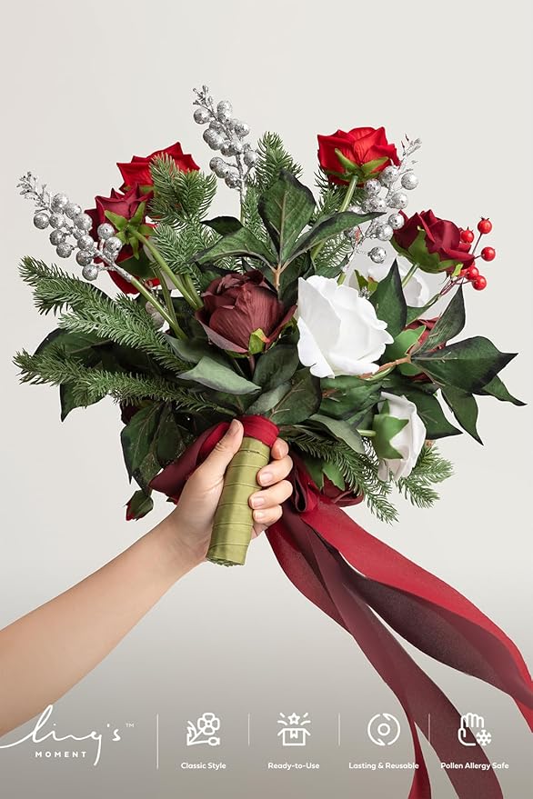 Ling's moment Christmas Red Wedding Bouquets for Bride, Xmas Winter Bridal Bouquets for Bride,13 Inch Free Form Artificial Wedding Flower Bouquet