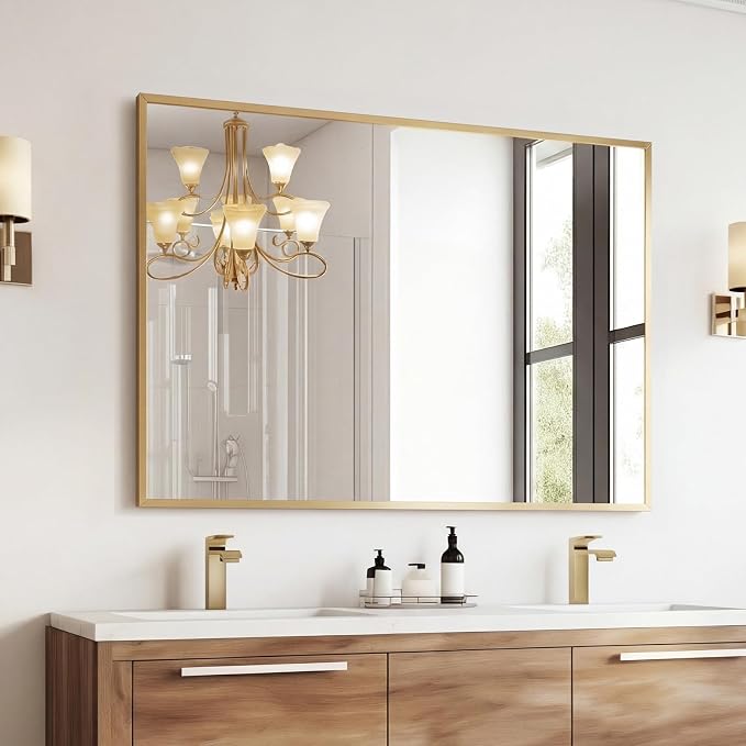 Sweetcrispy Bathroom Mirror for Over Sink, 30" x 40" Rectangle Wall Mount Mirrors with Metal Frame, Modern Vanity Mirror with Tempered Glass, for Home Decor, Anti-Rust, Gold
