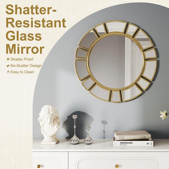 CozyDH Retro Gold Sunburst Mirror Decor - 24 inch Round Wall Mirror Decorative with Metal Frame Modern Bohemian Sun Art Decor Mirror for Entryway Bedroom Living Room Hallway Bathroom Fireplace