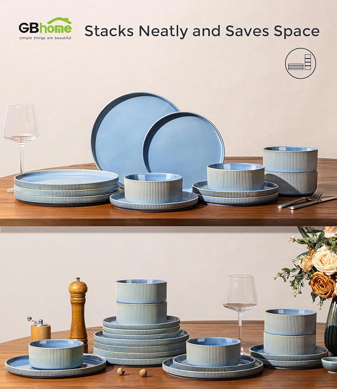 GBHOME 12-Piece Stoneware Dinnerware Set for 4 – Ribbed Ceramic Plates and Bowls, Scratch-Resistant, Microwave & Dishwasher Safe, Reactive Glaze, Alaskan Blue