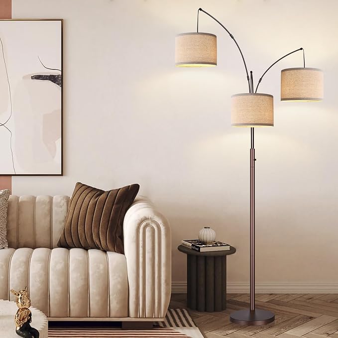 Dimmable Floor Lamp, 3 Lights Brown Arc Floor Lamp, Modern Tall Standing Tree Lamp with Beige Linen Shades & Heavy Base, 3000LM LED Bulbs, Bright Lighting for Living Room, Bedroom, Office & Reading