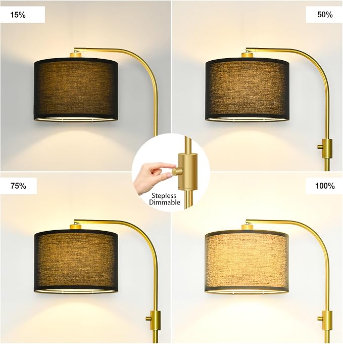 Nintiue Upgraded Modern Arc Dimmable Tall Standing Floor Lamp with Black Shade, 1200 Lumens LED Bulb Included, for Living & Reading Room, Bedroom, Office & Nursery, Gold