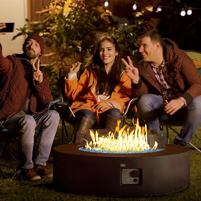 COSIEST Outdoor Propane Fire Pit Coffee Table w Dark Bronze 40.5-inch Round Base Patio Heater, Certified, 50,000 BTU Stainless Steel Burner, Wind Guard, Aqua Blue Fire Glass, Waterproof Cover