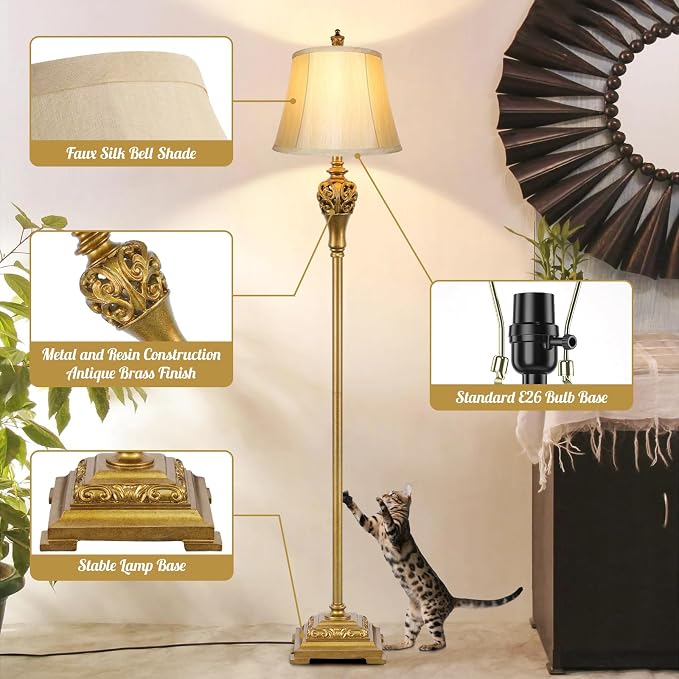 Sucolite Vintage Floor Lamp for Living Room, Traditional Farmhouse Tall Standing Lamp, Mid-Century Antique Pole Lamp for Bedroom Reading with Cream Faux Silk Lampshade, Rustic Lighting Home Decor