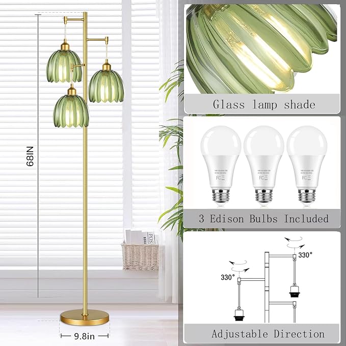 QIYIZM Gold Floor Lamp for Living Room,Bedroom,Mid Century Modern Standing Lamp Brass Tree 3 Light Tall Floor Lamps Vintage Retro Floor Lights Glass Green Flower Lamp Shade Farmhouse Boho Bohemian