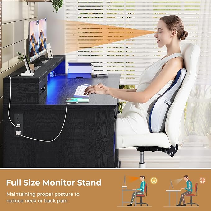 BTHFST 59.1" Executive Desk with File Drawer, Home Office Desk with Charging Station & LED Lights, Computer Desk with Drawers & Storage Cabinet, Executive Office Desk with Monitor Stand, Black