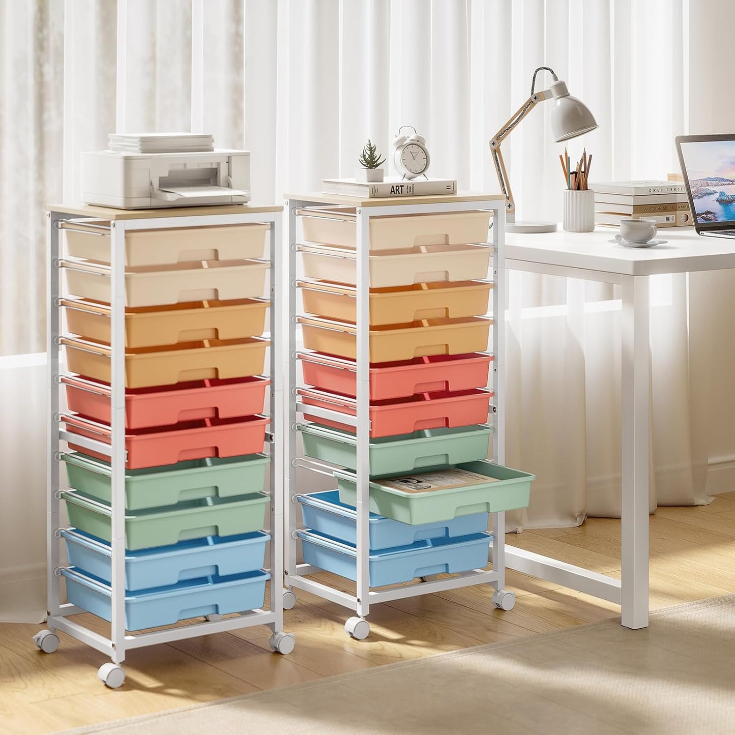 SYKIARIOL Rolling Cart - 10 Drawer Utility Storage Cart with Wheels & Wooden Tabletop | Rainbow Color
