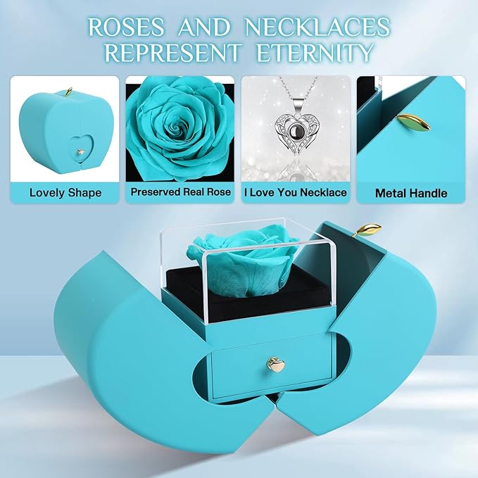 Preserved Rea Cyanl Rose with I Love You Necklace 100 Languages, Gifts for Girlfriend, Women, Mom, Wife, Gifts Idea on Christmas, Valentine's Day, Mother's Day, Birthday, Anniversary, Thanksgiving