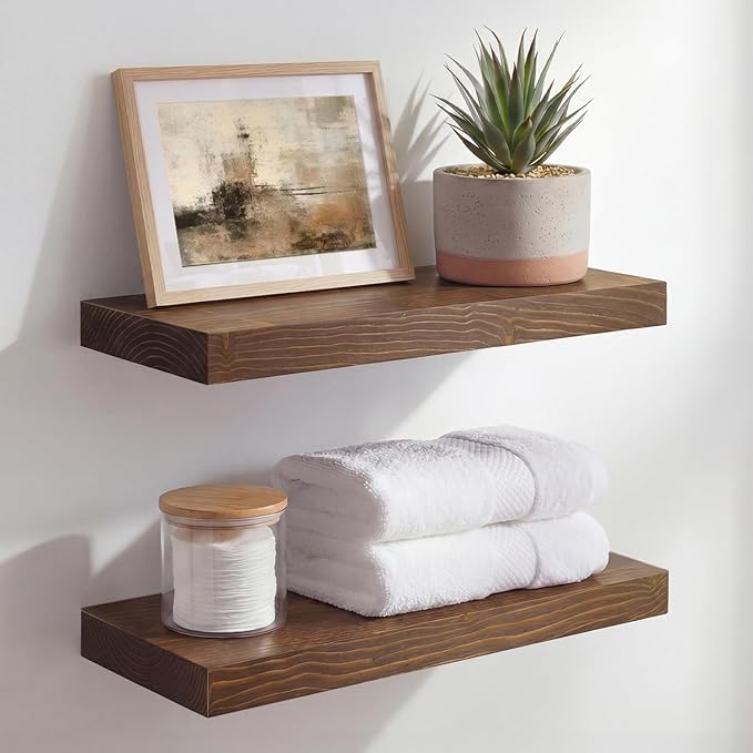Homeforia Classic Walnut 16 inch Floating Shelf, High End Solid Real Wood Small 16inch Floating Shelves for Wall Mounted, 16in Floating Shelves, Heavy Duty Bracket, 16 X 6.5 X 1.75 inches, Set of 3