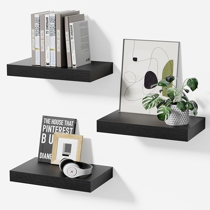 Black Floating Shelves for Wall Set of 3, 11.8 Inch Small Wall Shelves for Bathroom Over Toilet, Home Office & Bedroom Storage, Wall Mounted Shelf Set for Decor, Books & Collectibles